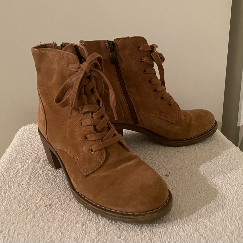 Genuine Suede Leather Ankle Boots Booties Lace/Zip Up Rubber Sole Camel/Tan